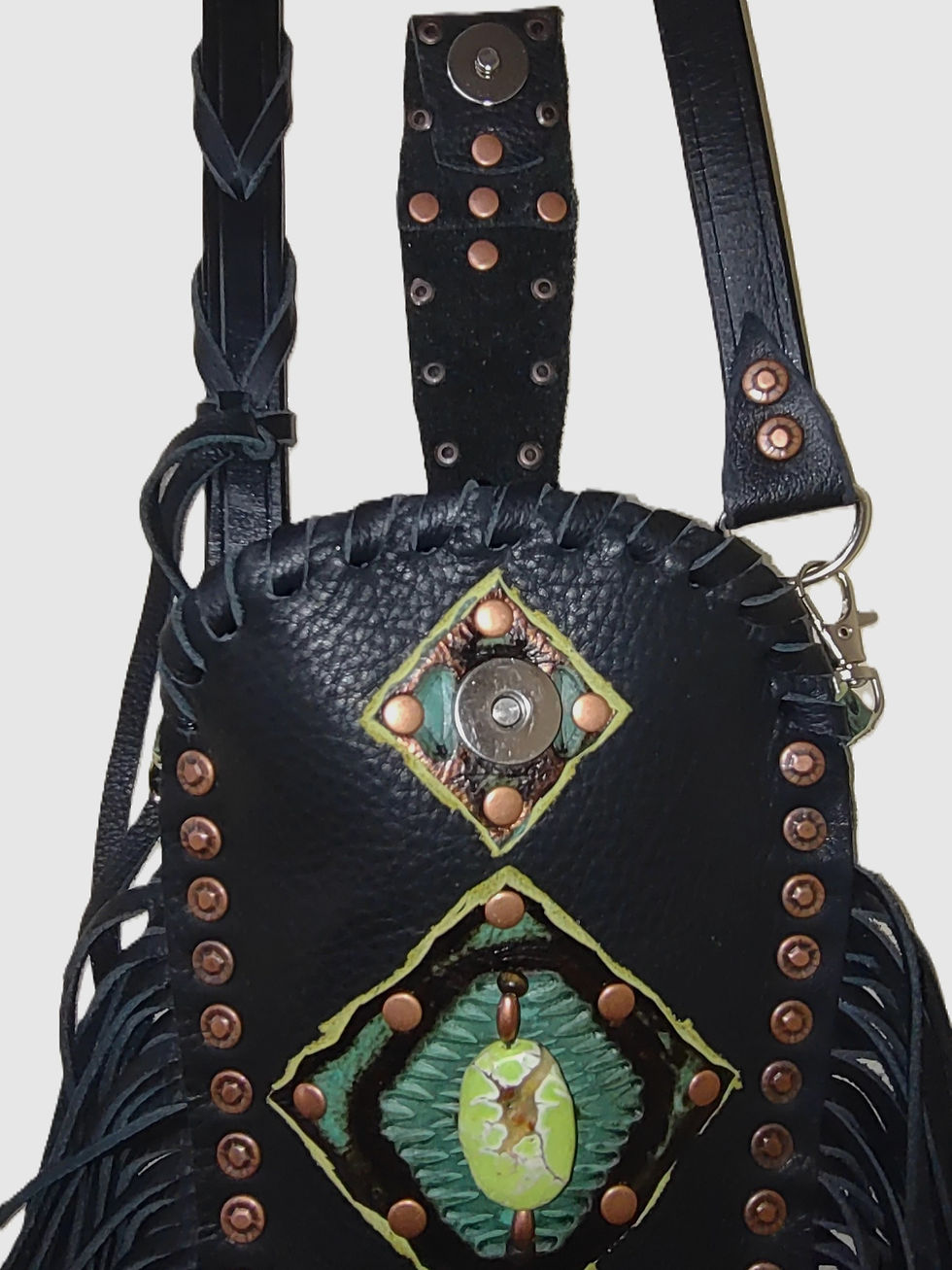 Thumbnail: Soft black deertan leather, lime & green SW print leather, 10" side fringe