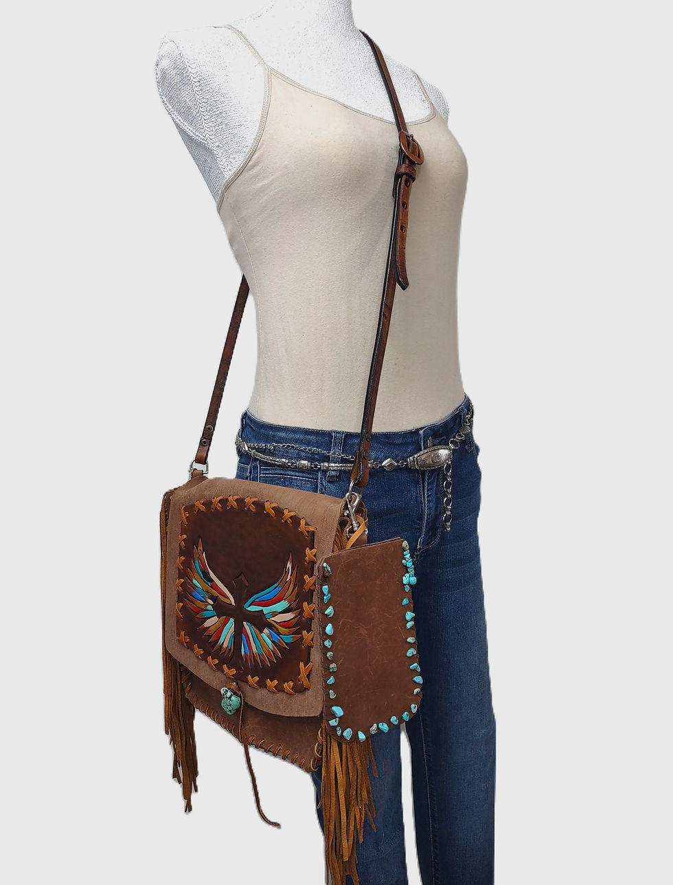 Thumbnail: Brown Leather Bag, hand Carved Wings and Cross with Fringe and Lace