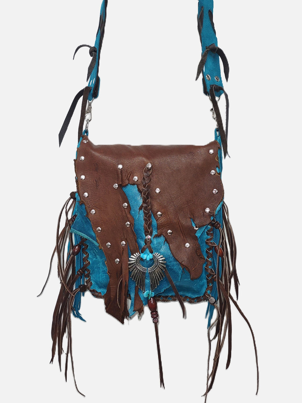 Thumbnail: Distressed turquoise leather, dark brown deer tan flap, angel wings charm