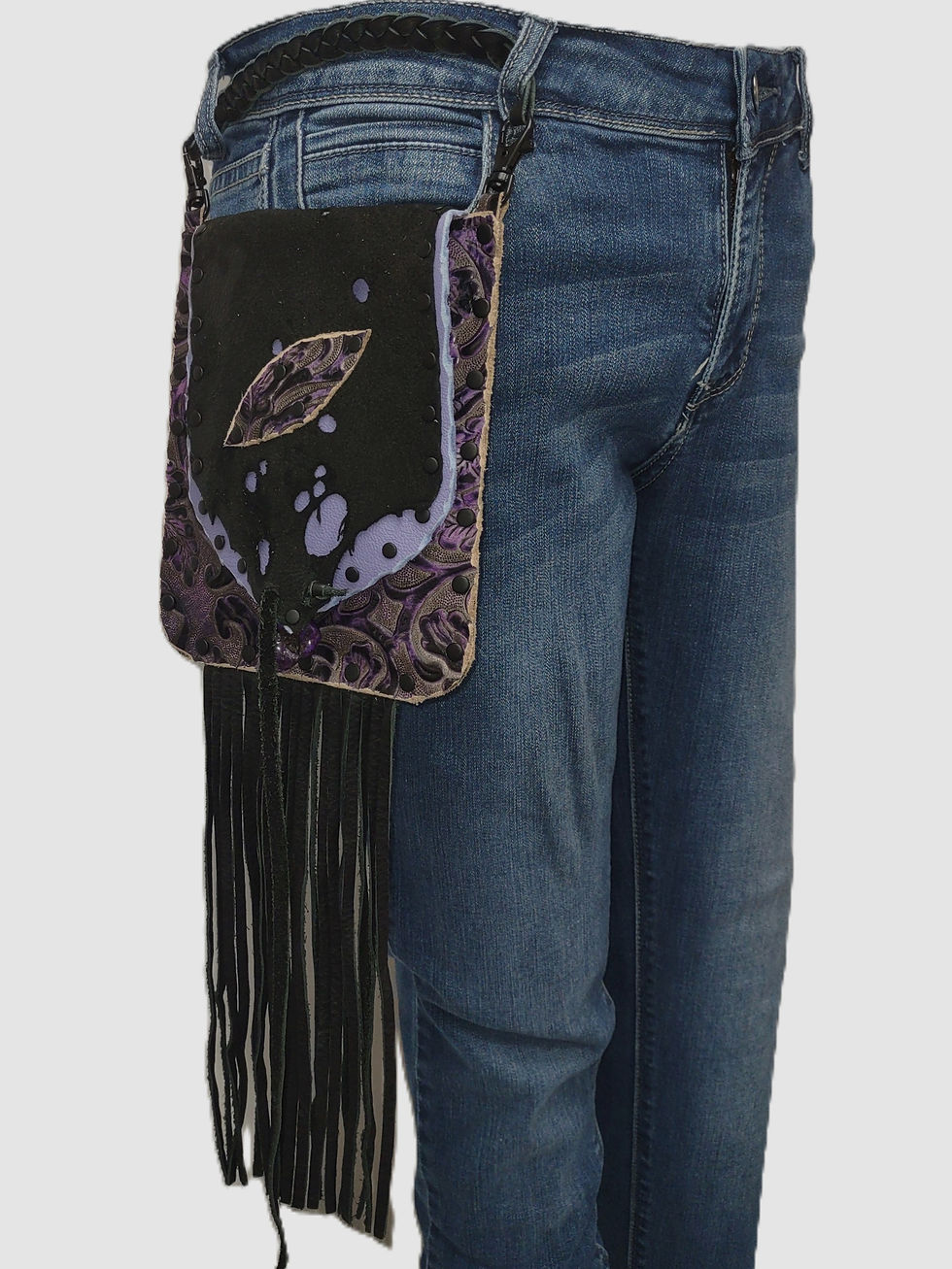 Thumbnail: Purple embossed floral print leather, lavender and black leather