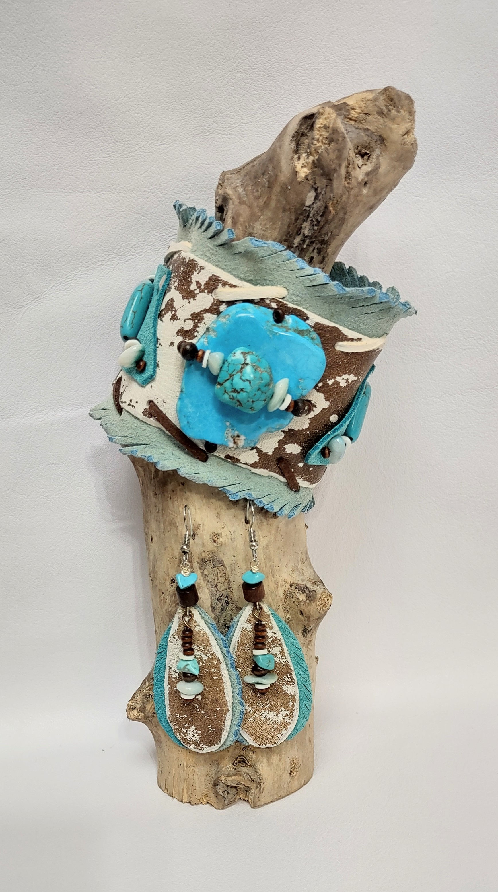 Brown and white cow print, light blue suede cuff set