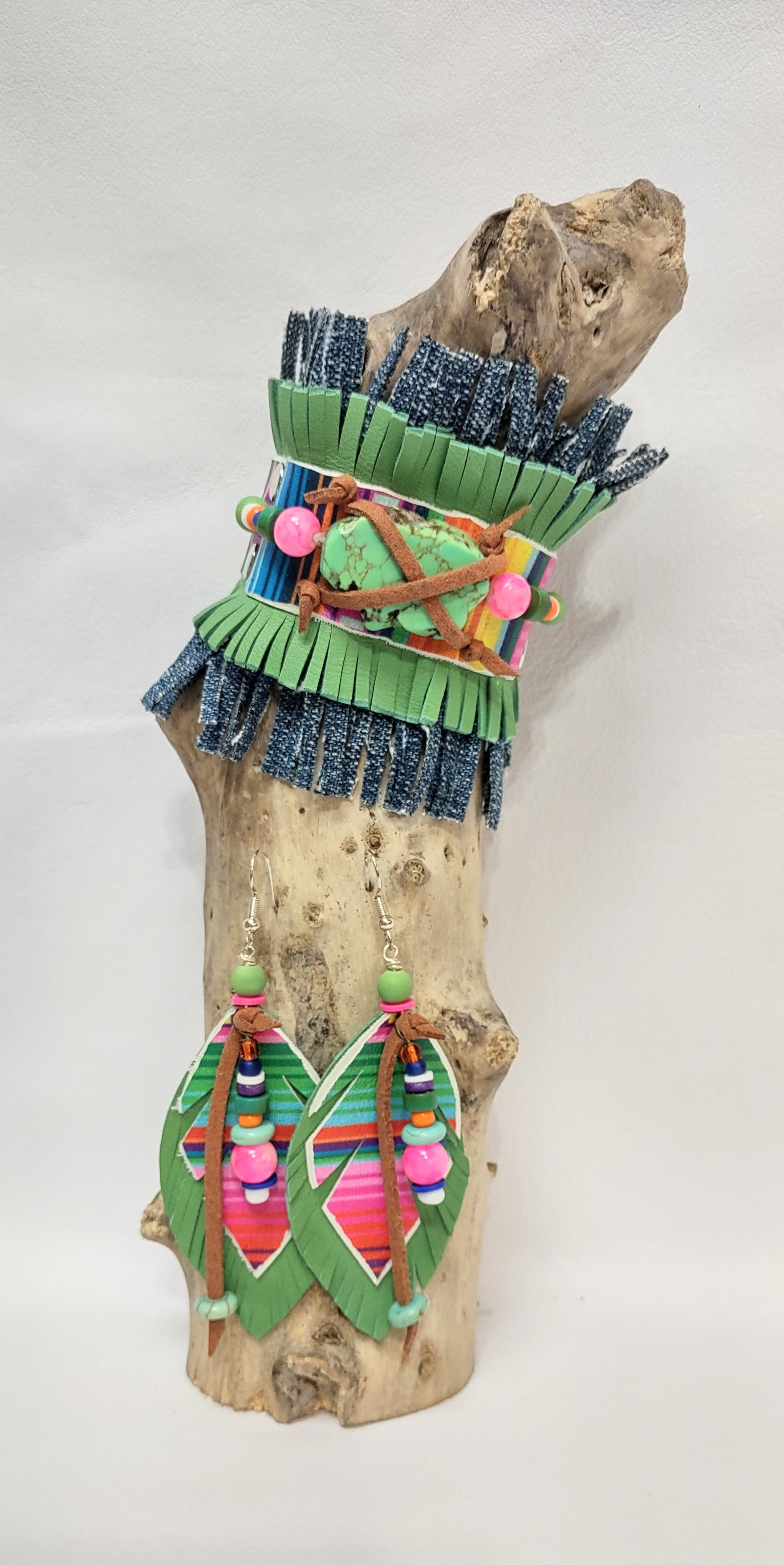 Fringe jean, serape print, light green cuff set