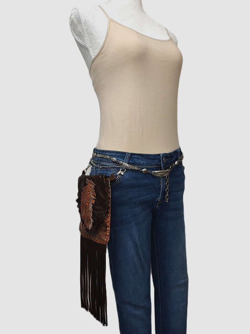 Thumbnail: Brown, copper print feather leather, 10" black fringe, cell size