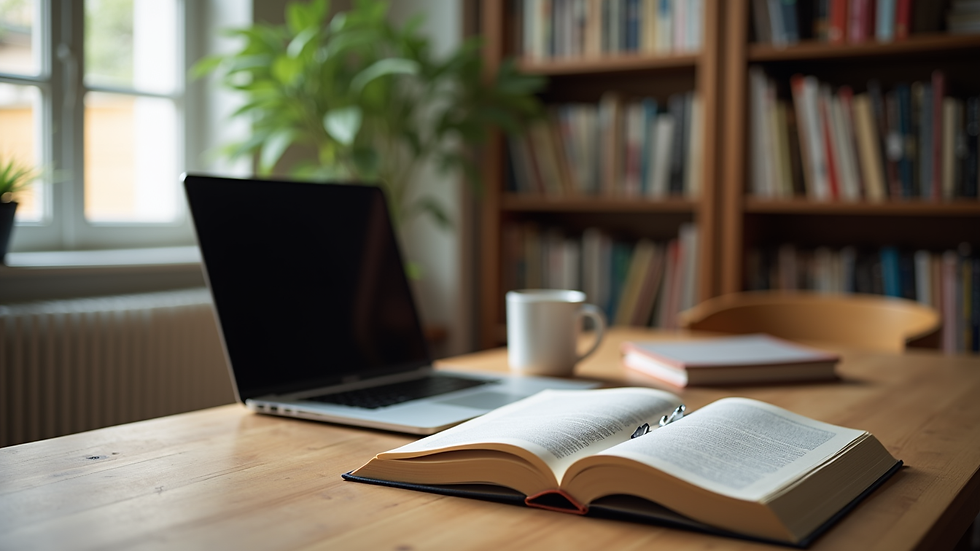Eye-level view of a cozy workspace with a laptop and book publishing materials