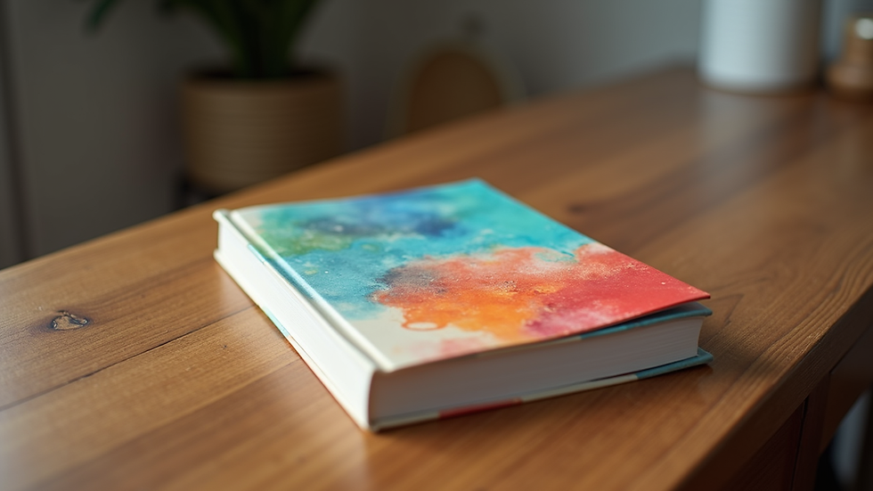 Eye-level view of a colorful book cover design on a wooden table