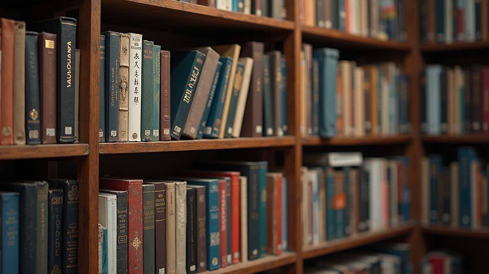 High angle view of a bookshelf filled with diverse books
