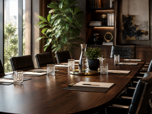 Modern executive boardroom with a polished conference table, elegant glassware, and refined office décor representing organizational culture, leadership, and collaboration.