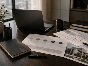 Executive workspace with laptop, strategic planning documents, notebook, and business roadmap representing vision and execution, leadership, and organizational strategy.