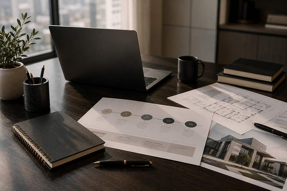 Executive workspace with laptop, strategic planning documents, notebook, and business roadmap representing vision and execution, leadership, and organizational strategy.