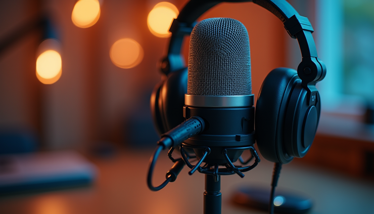 Close-up of a podcast microphone with headphones on a wooden table