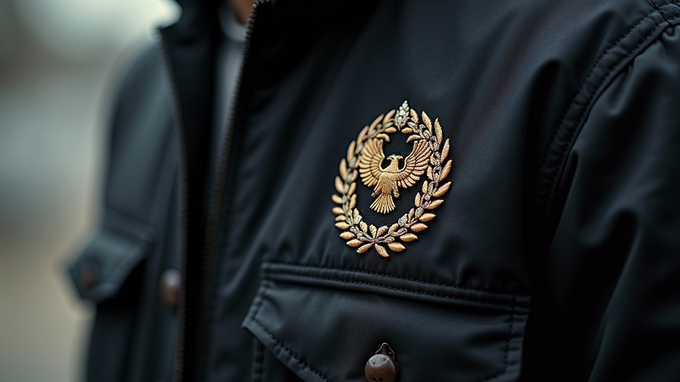 Close-up view of embroidery detail on a black work jacket