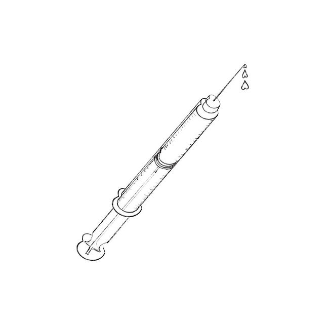 Heart shaped hypodermic needle with heart drops coming from the end of the needle.