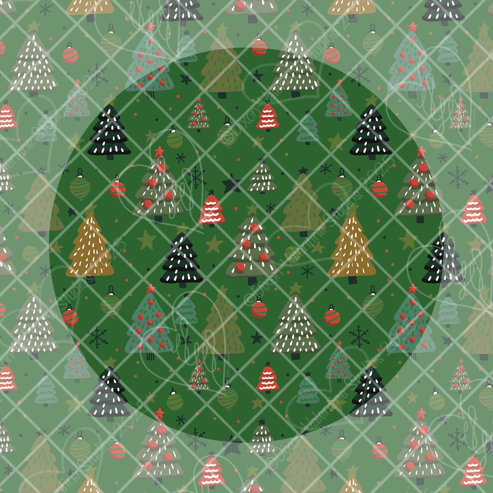 Holiday Echoes-Green seamless Christmas tree pattern with ornaments and stars on a green field.