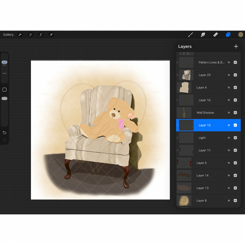 Digital drawing app showing a teddy bear with a pink scarf on a cream armchair; Layers panel visible on the right.