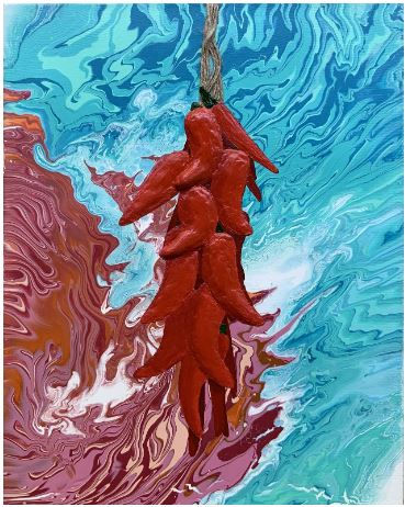 Red chilies hang against a vibrant swirling backdrop of blue, teal, and maroon, evoking a dynamic and lively atmosphere.