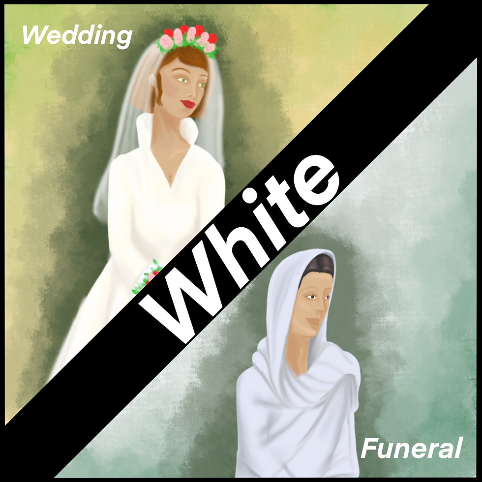 Split image shows a bride in a white gown and a woman in a white shawl. Text: "Wedding," "Funeral," and "White." Contrasting emotions.