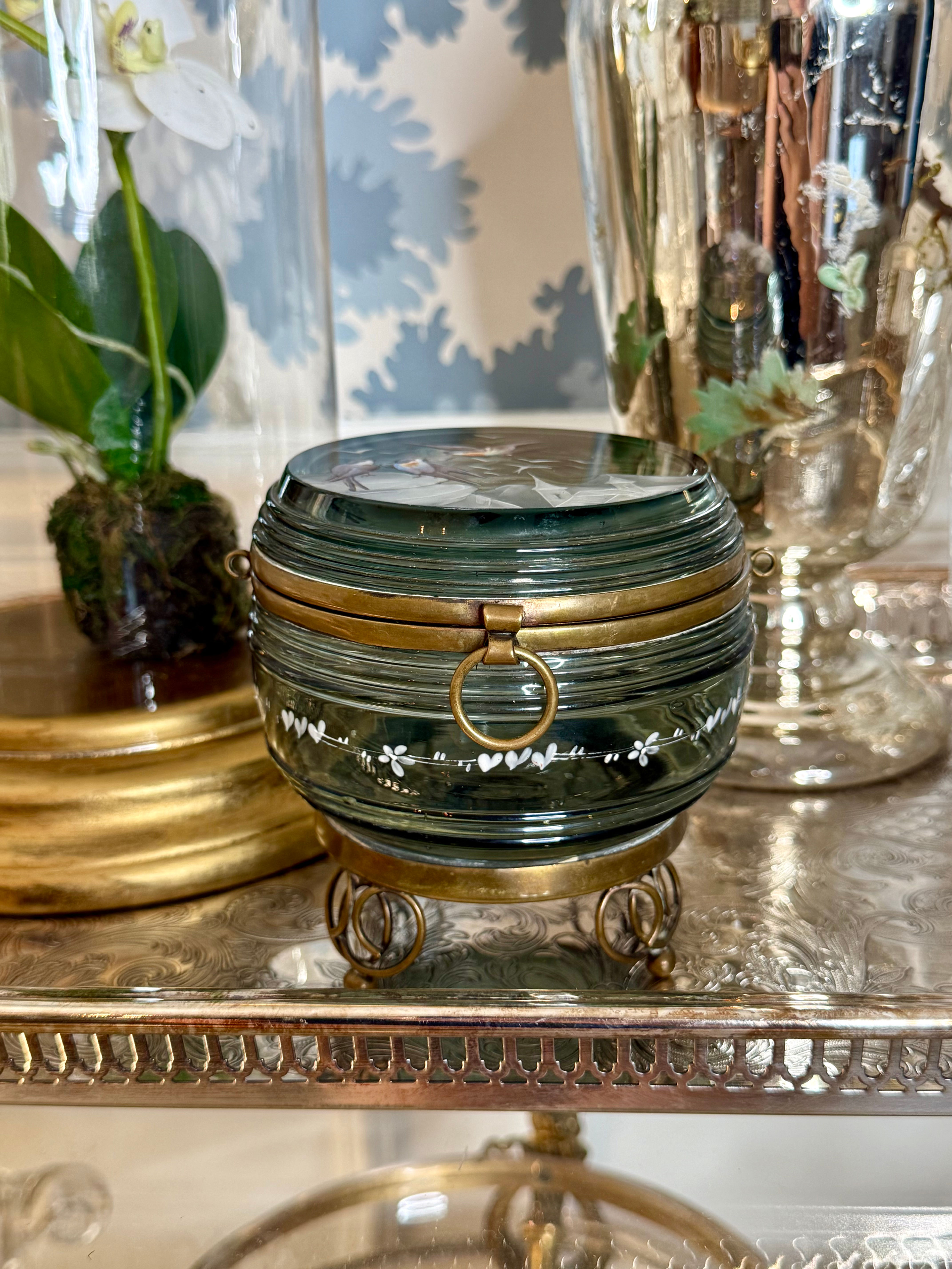 19thc Victorian Smokey Glass Jewelry Casket Enameled Birds