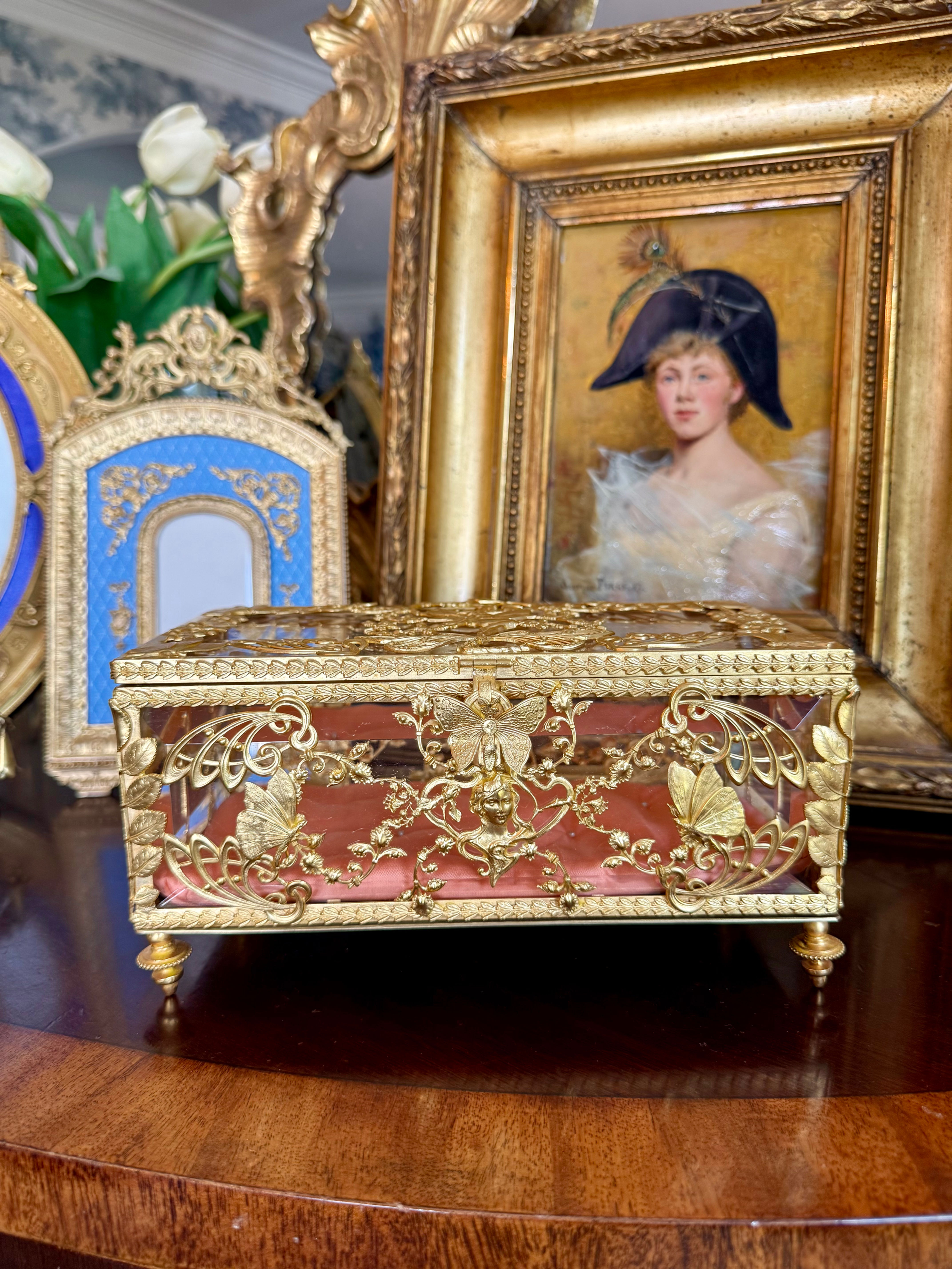 Exquisite 19thc French Gold Gilt Bronze & Crystal Casket