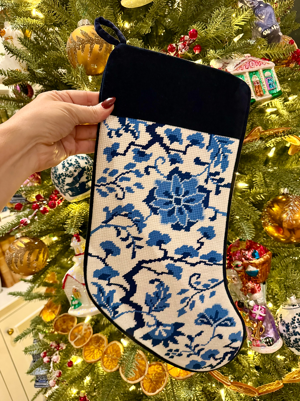 Thumbnail: Gorgeous Chinoiserie Blue & White Needlepoint Stocking