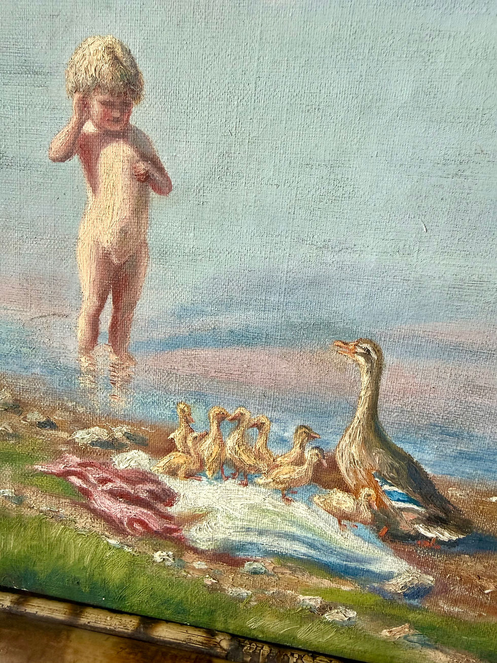 Thumbnail: Antique Frameless Oil on Canvas Bathing Girl & Ducks 