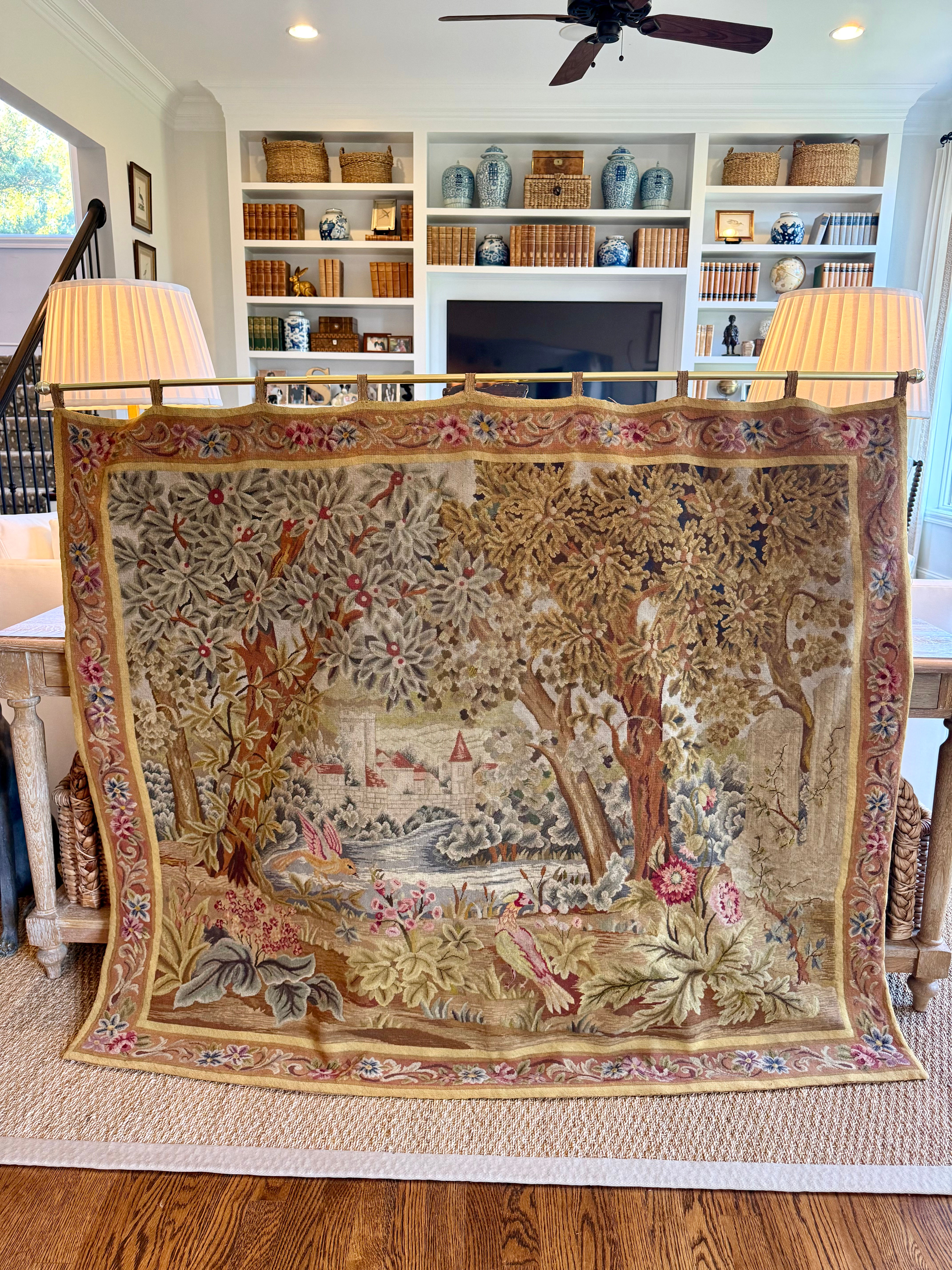 Antique French Tapestry w Birds & Castle