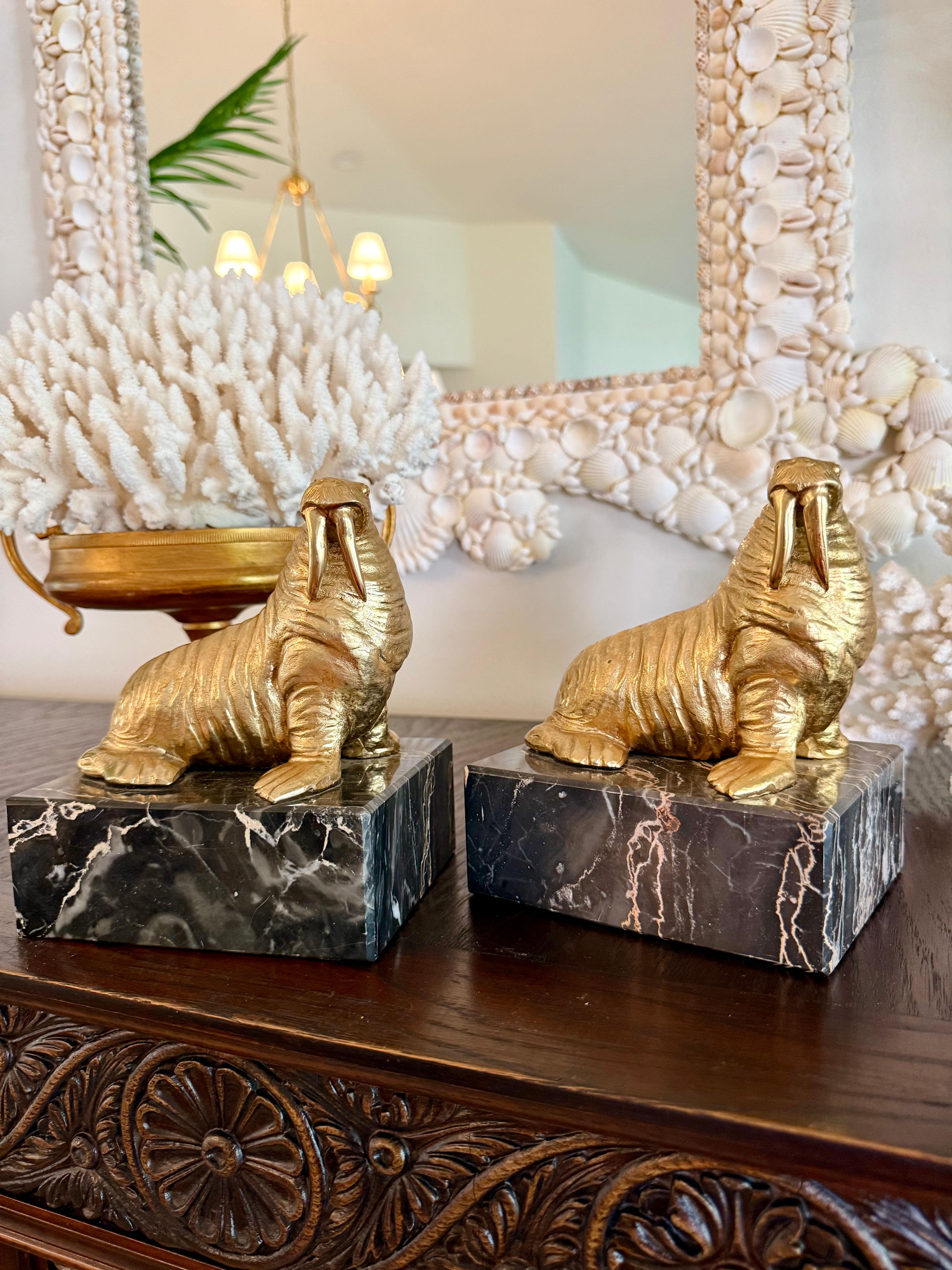Pair of Vintage Italian Gilt Walrus Bookends Marble Bases 