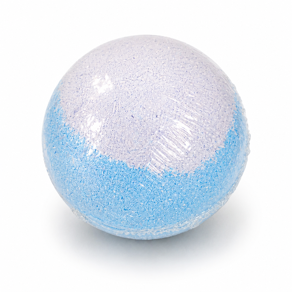 French Lavender round bath bomb on white background, calming blue and lilac fizzy bath bomb for relaxing baths