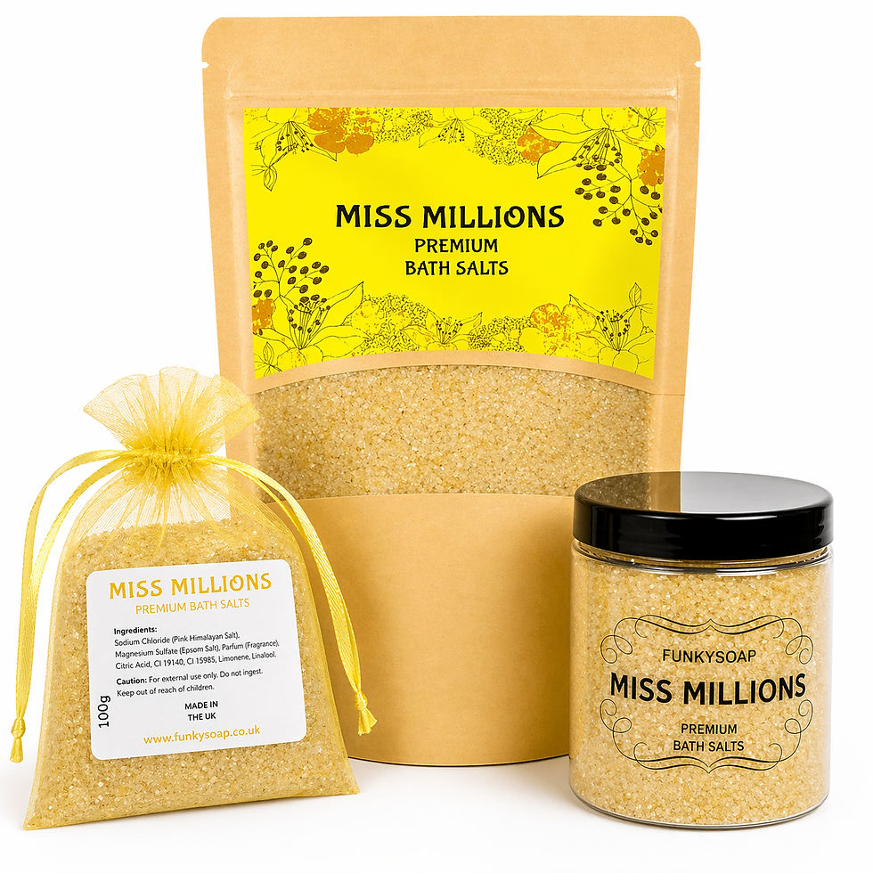 Miss Millions scented bath salts in 100g bag, 200g tub and 500g pouch – Funkysoap UK