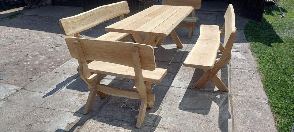 Miniatyrbilde: H åndlaget EIK spisebord og benker med rygg "VENNER" 200cm