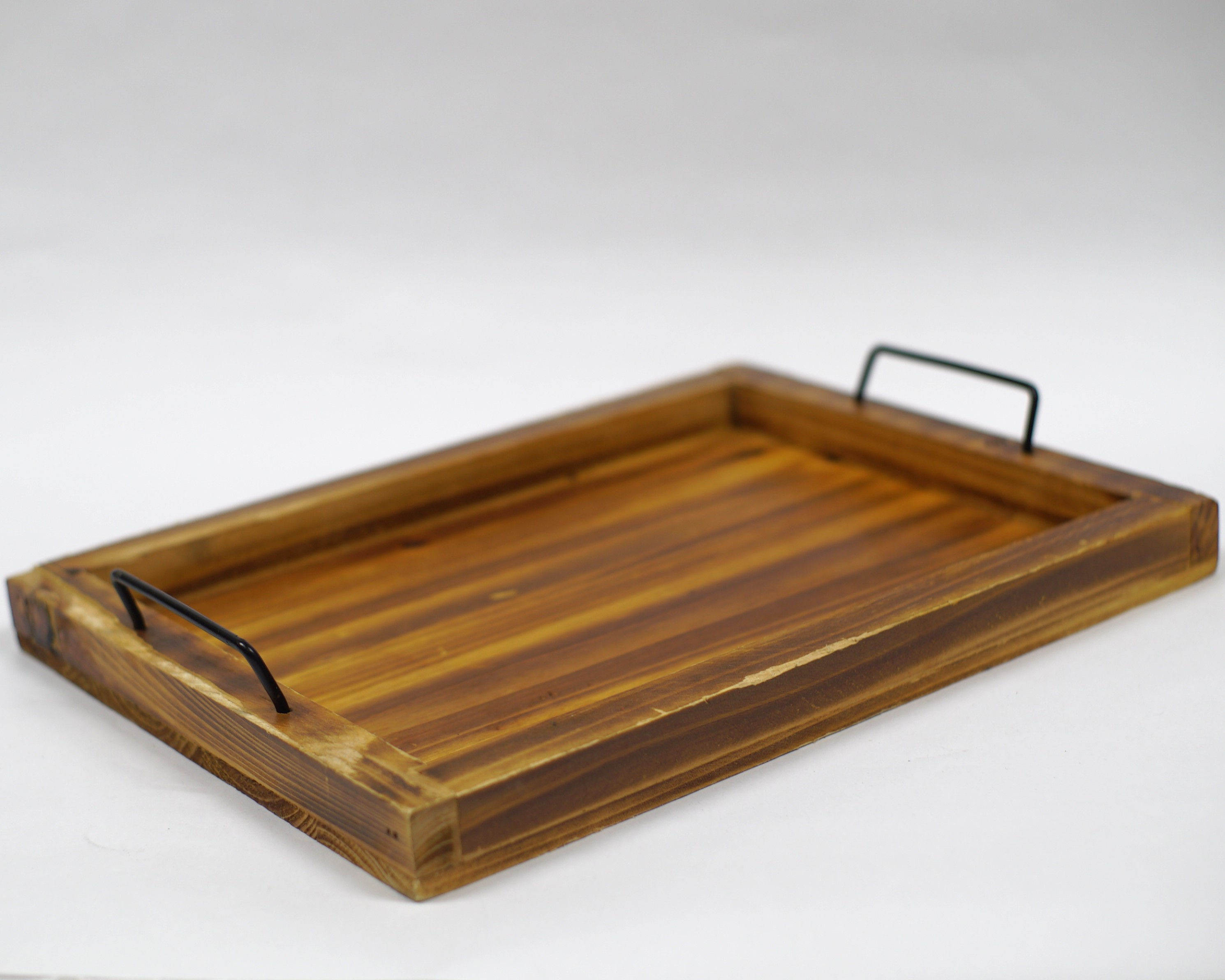 Rectangle Wood Tray with Black Handles