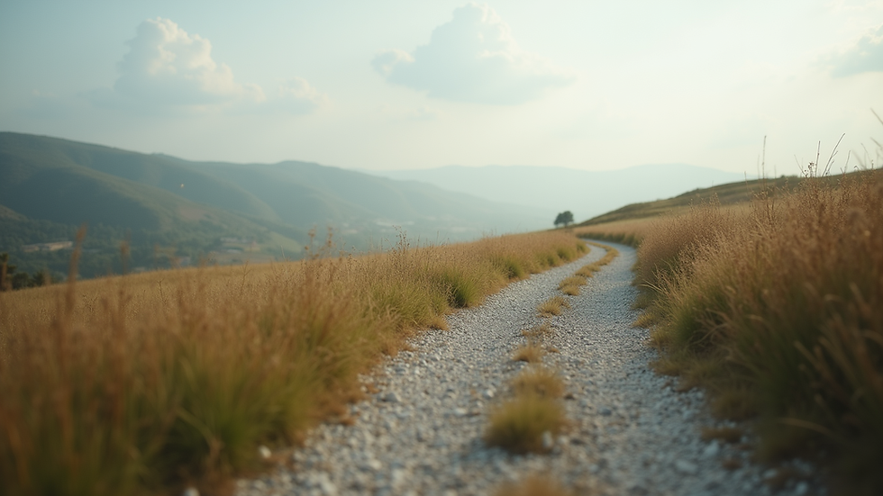 Eye-level view of a serene landscape with a winding path