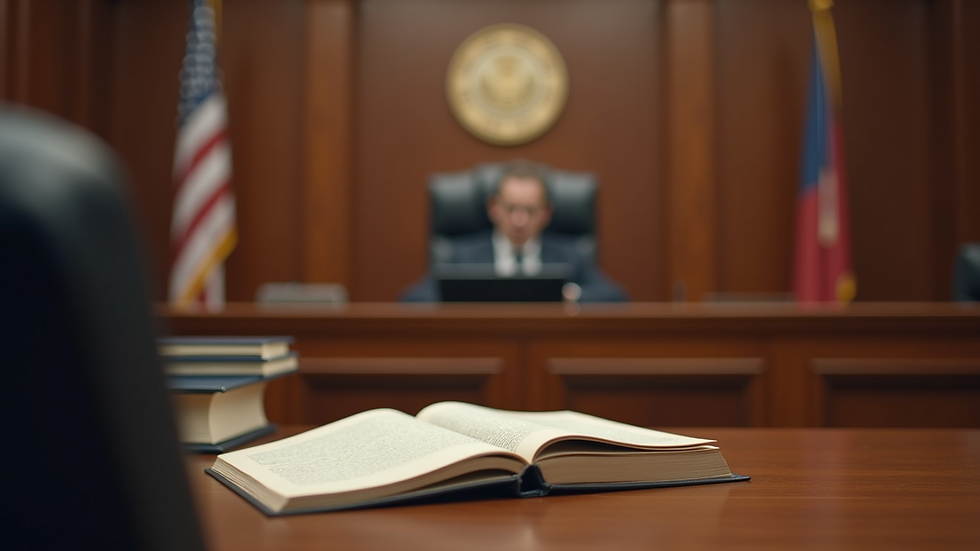 Close-up view of a courtroom with judge's bench and legal books