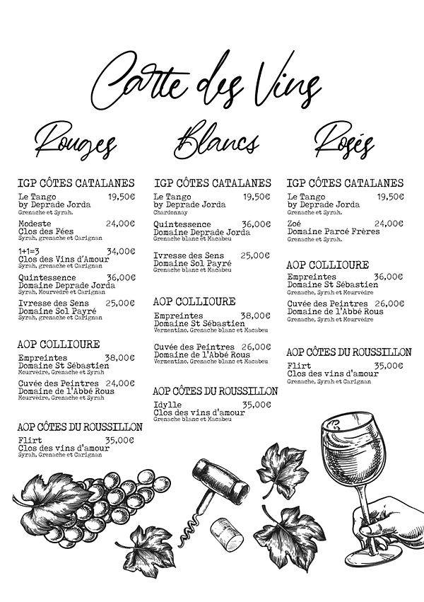 Carte des cocktails du restaurant Tango à Port-Vendres : sangria maison, mojito, spritz, cocktails à base de rhum et gin