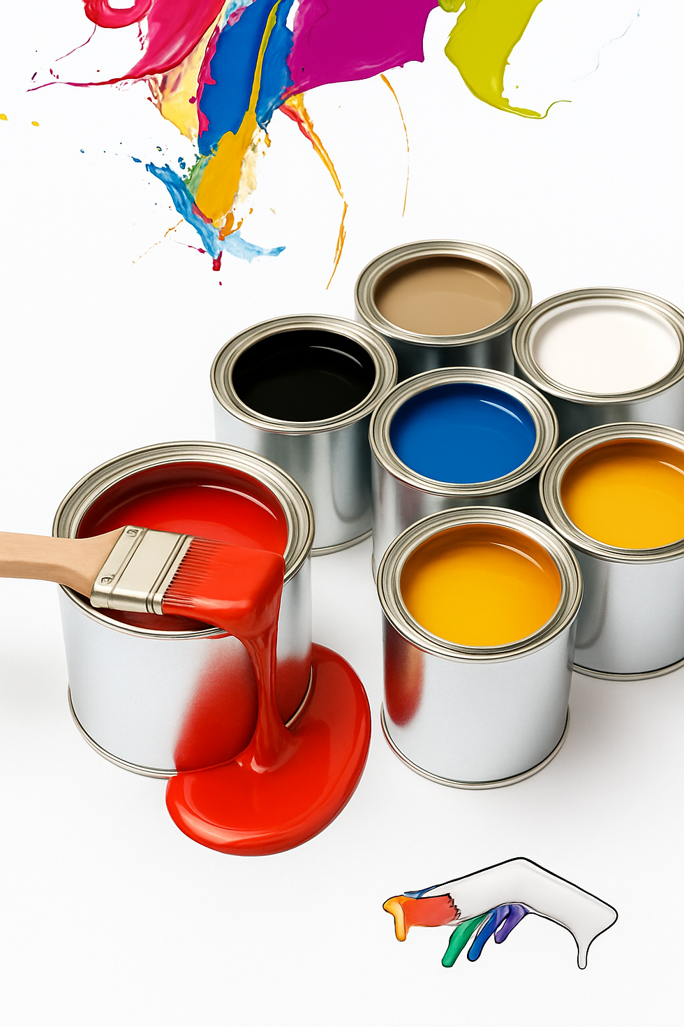 Paint cans in various colors with red paint spilling from a brush. Vibrant splashes on a white background evoke creativity and energy.