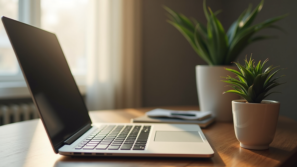 Eye-level view of a cozy home office setup with a laptop and a plant