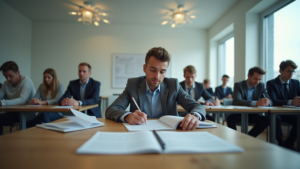 Eye-level view van een examenruimte met kandidaten die een schriftelijk examen maken