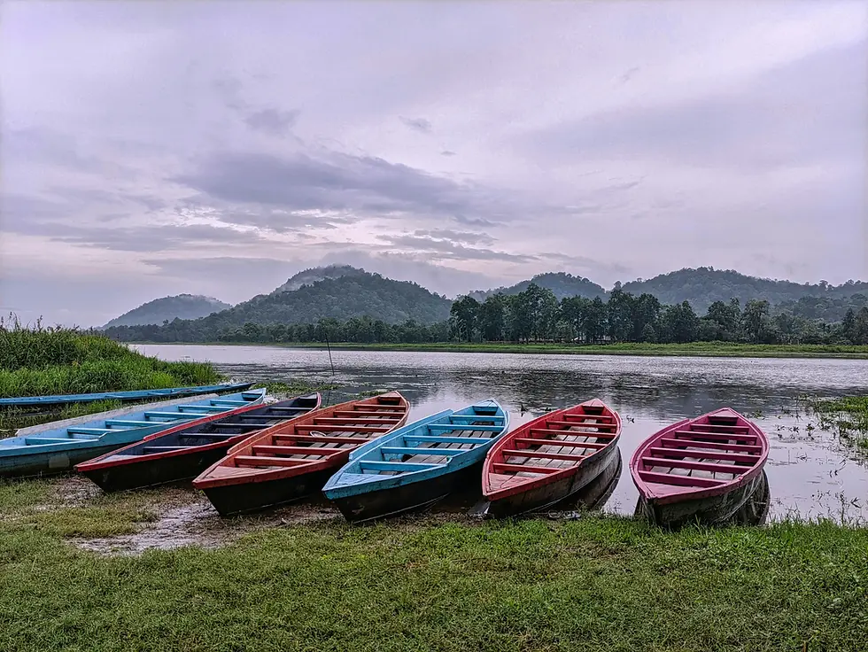 Majuli river island in Assam surrounded by the Brahmaputra, with wetlands and open sky
