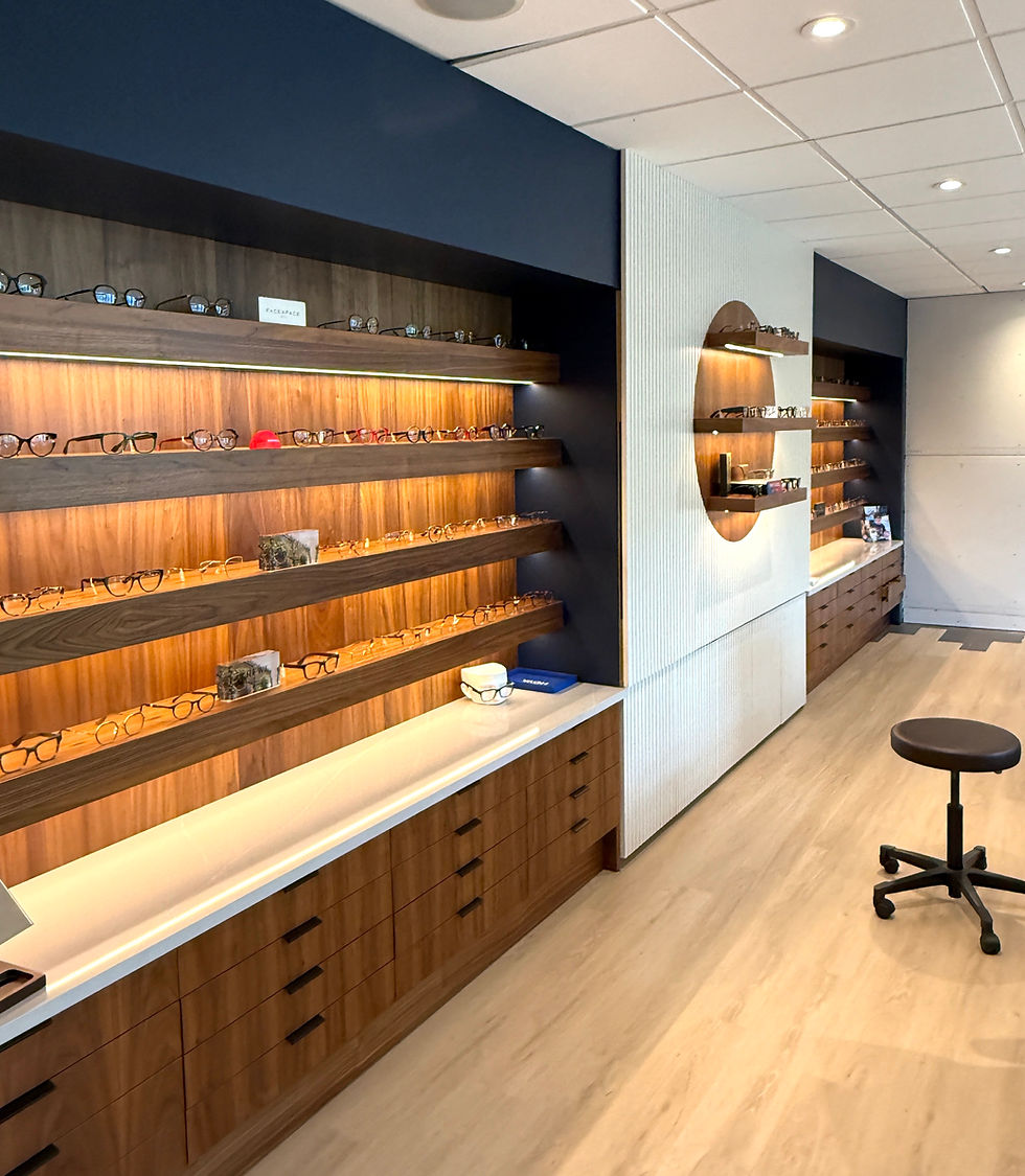 wall of eyewear available at Lynn Valley Optometry Optical
