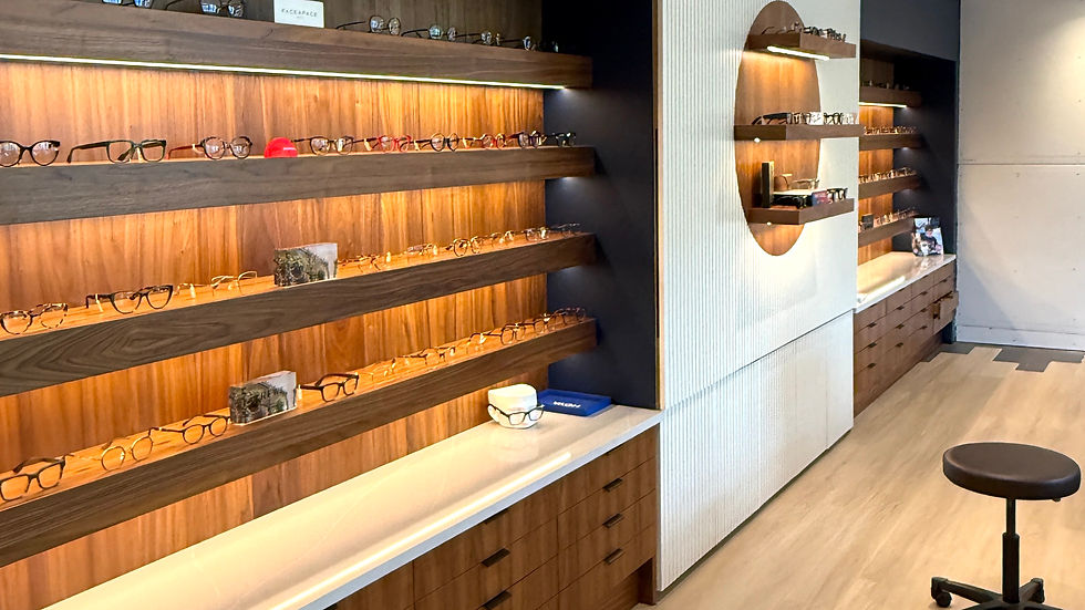 wall of eyewear available at Lynn Valley Optometry Optical