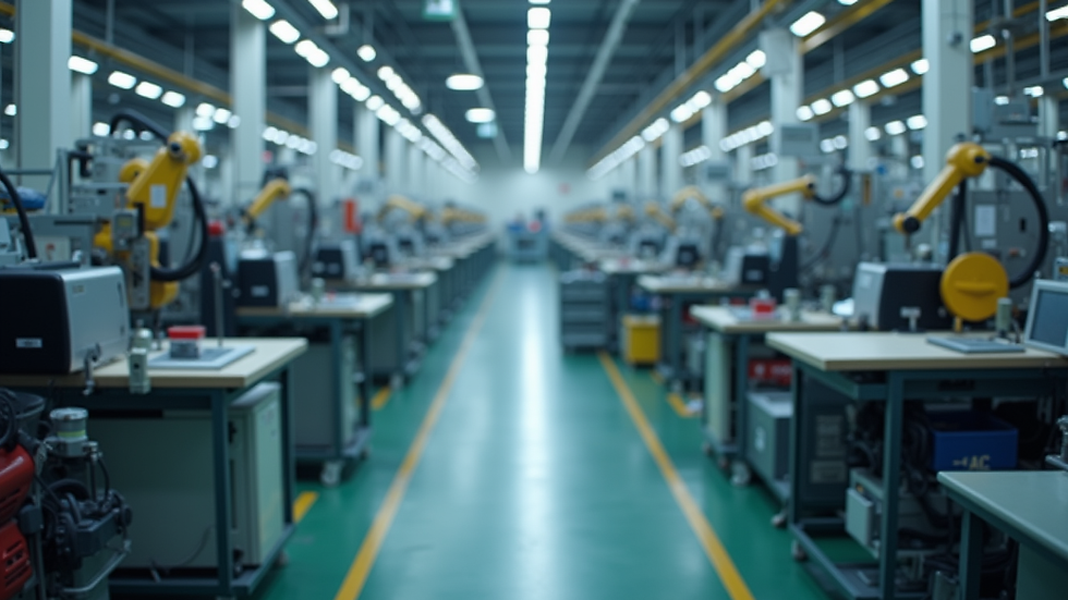 High angle view of a modern factory floor with automated machinery