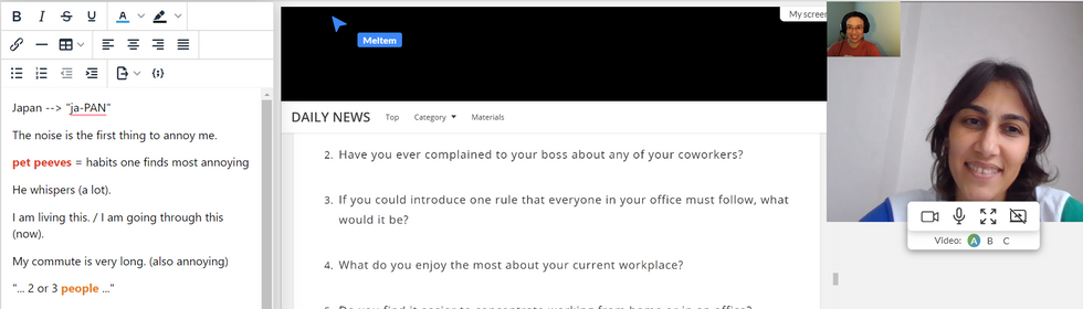 Online classroom set up with a whiteboard on the left, the article in the center, and the 2 small videos on the top-right corner with a Turkish lady.