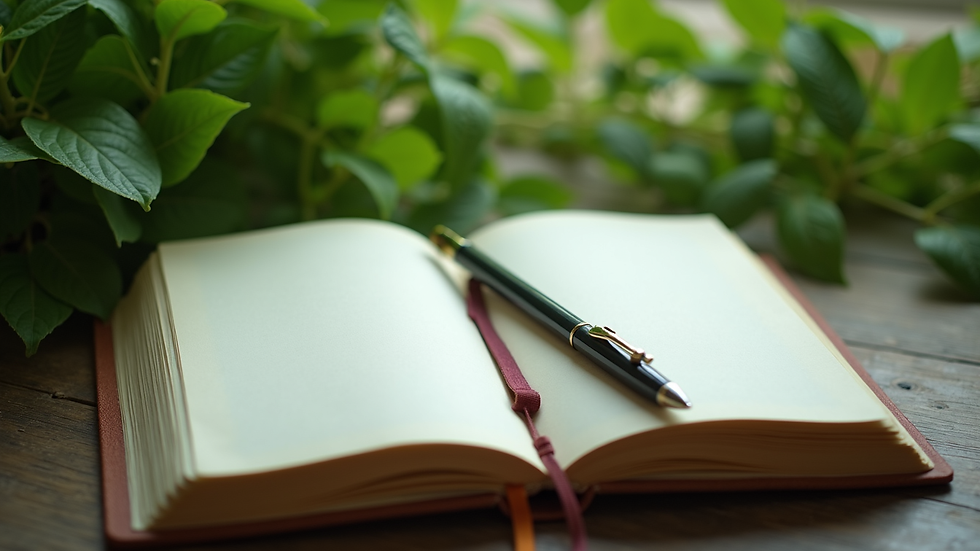 Vue en plongée d’un carnet ouvert avec un stylo posé dessus, entouré de plantes vertes