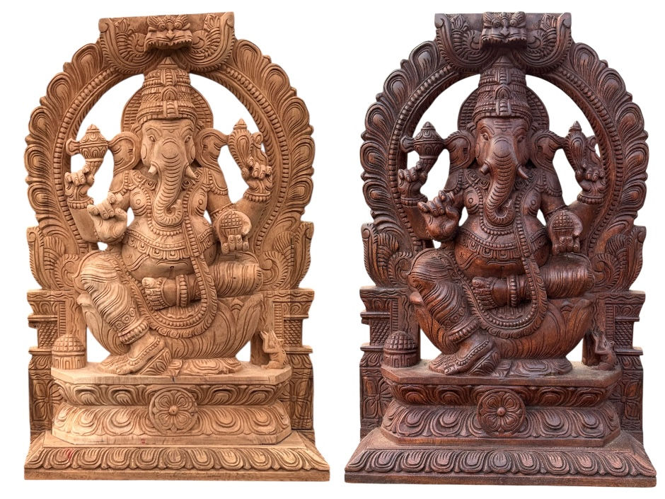 High angle view of a rain wood decorative carving highlighting natural colors