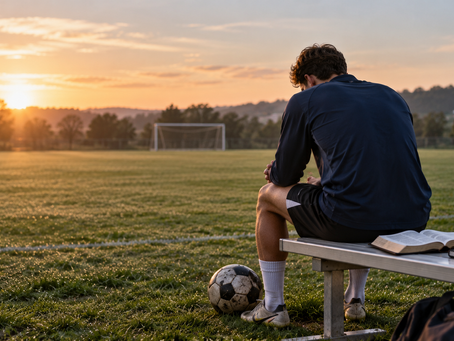 A soccer player pauses on a bench beside an open Bible before practice at sunrise.