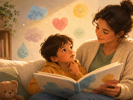 Parent and child reading together and talking about children and feelings