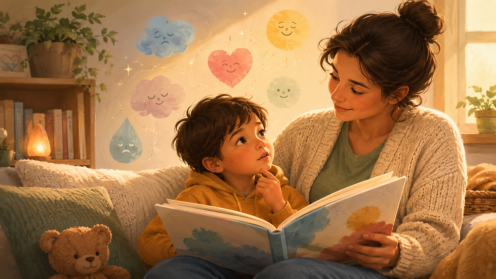 Parent and child reading together and talking about children and feelings