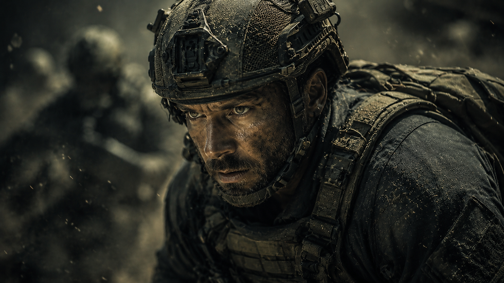 Close-up image of a male tactical professional wearing a helmet and gear, staying focused and composed amid dust, motion, and environmental chaos.