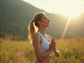 Eye-level view of a person practicing deep breathing outdoors