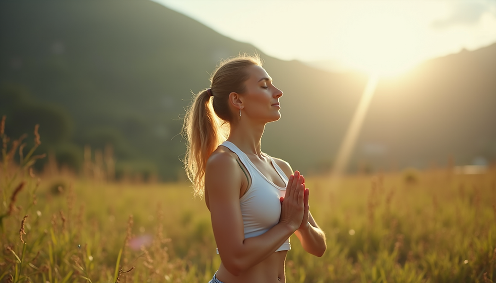 Eye-level view of a person practicing deep breathing outdoors