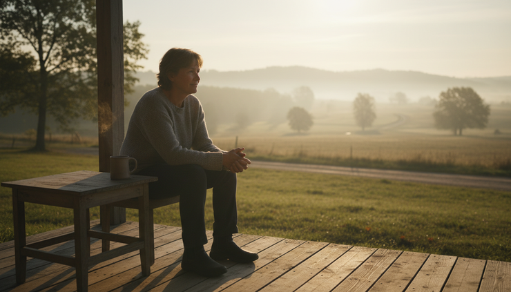 Wide-angle view of a person sitting alone on a quiet porch at sunrise with hands folded.